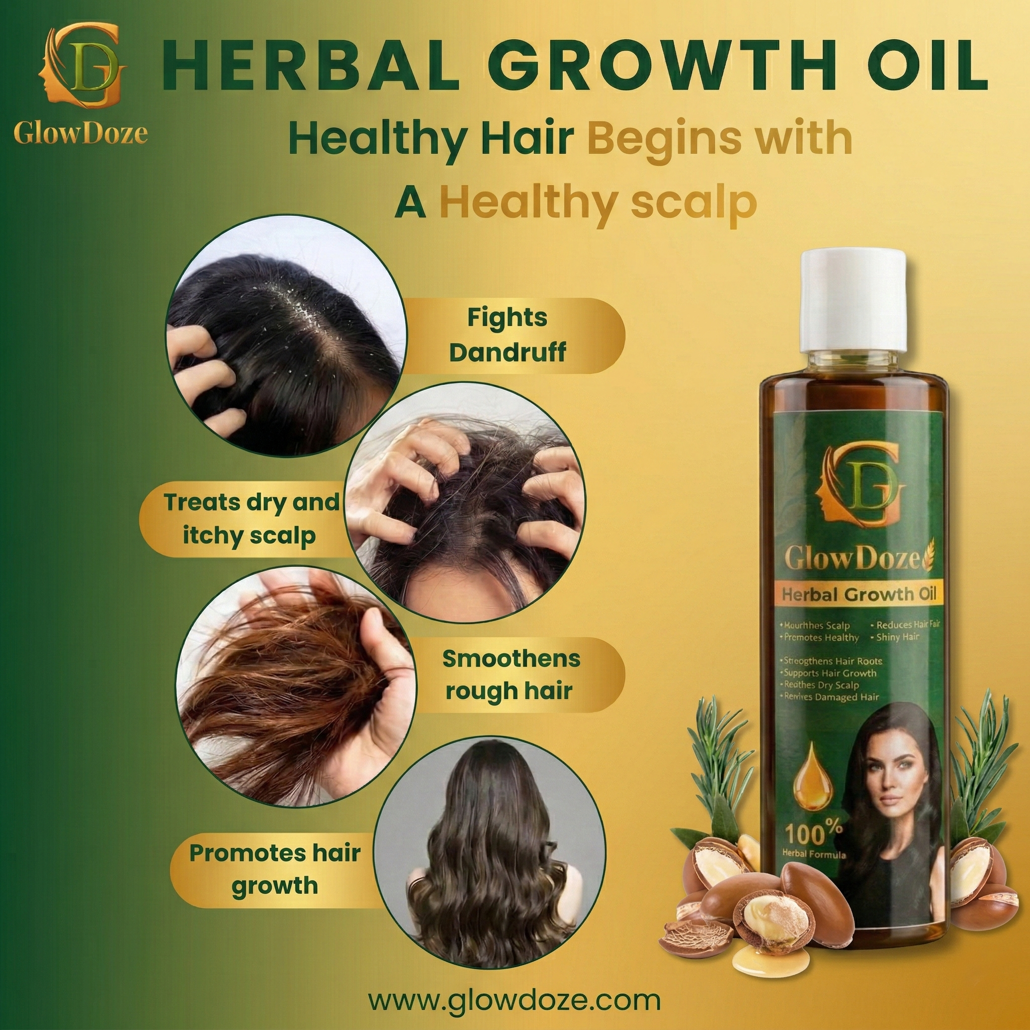 GlowDoze Herbal Hair Growth Oil - 200ml | Daily Nourishing Serum for Length & Volume